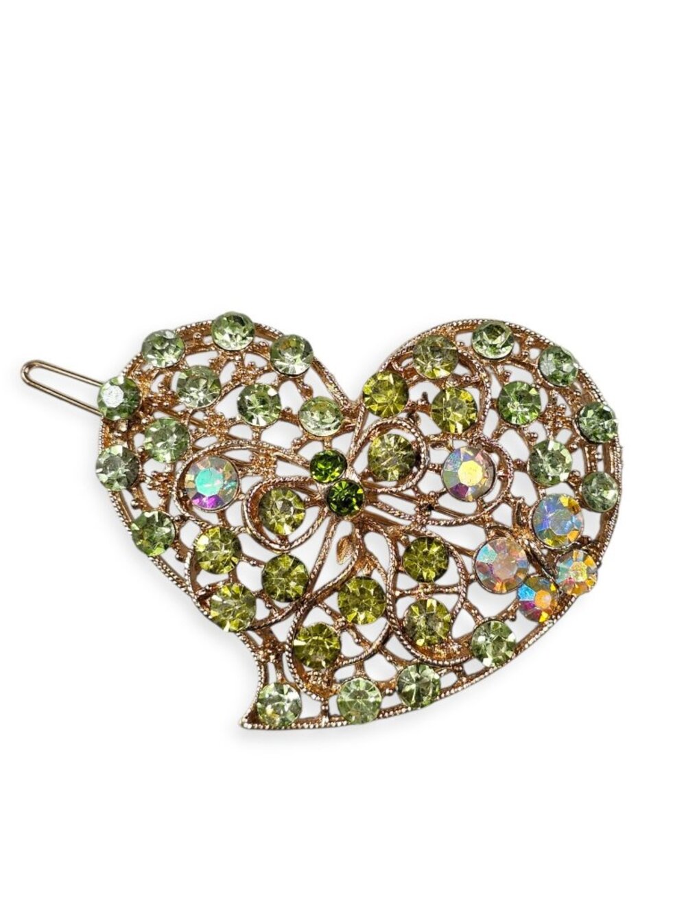 Green Rhinestone Heart Filigree Barrett Aurora Borealis Crystal Hair Jewelry VTG